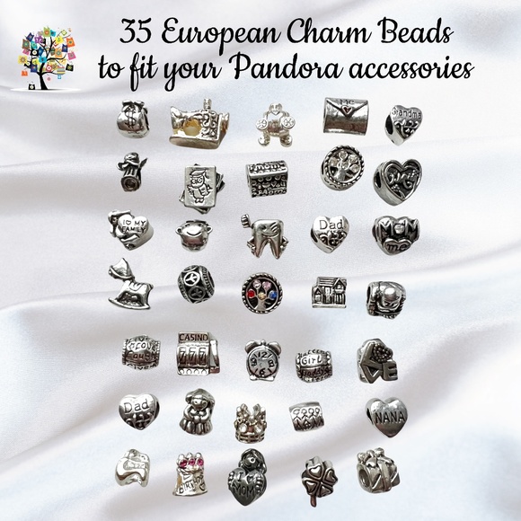 35 Themed European Charm Beads in Silverplate Set of 35 All Different! - Picture 1 of 2
